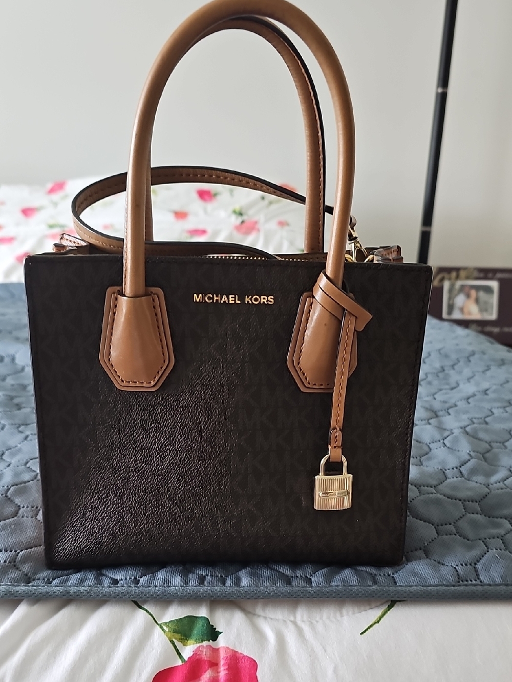 Michael Kors Mercer Messenger Bag in brown logo print with tan leather